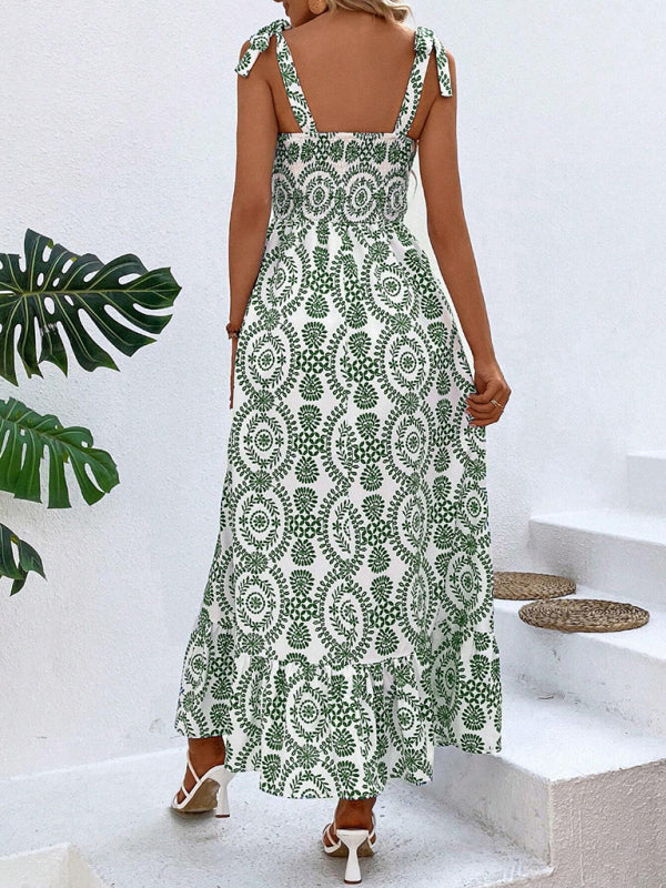 Summer Dresses- Women's Tie-Shoulder Geo Print Midi Dress with Slits- - Chuzko Women Clothing