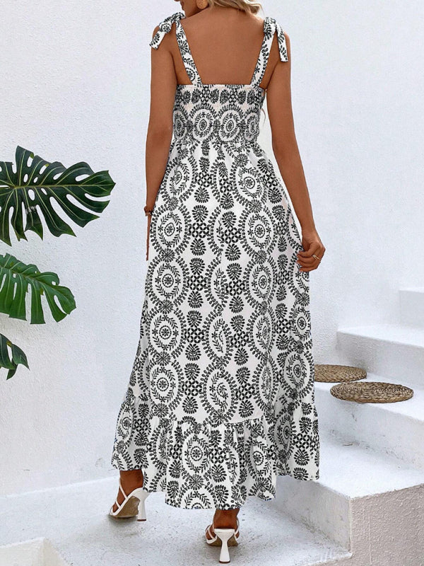 Summer Dresses- Women's Tie-Shoulder Geo Print Midi Dress with Slits- - Chuzko Women Clothing