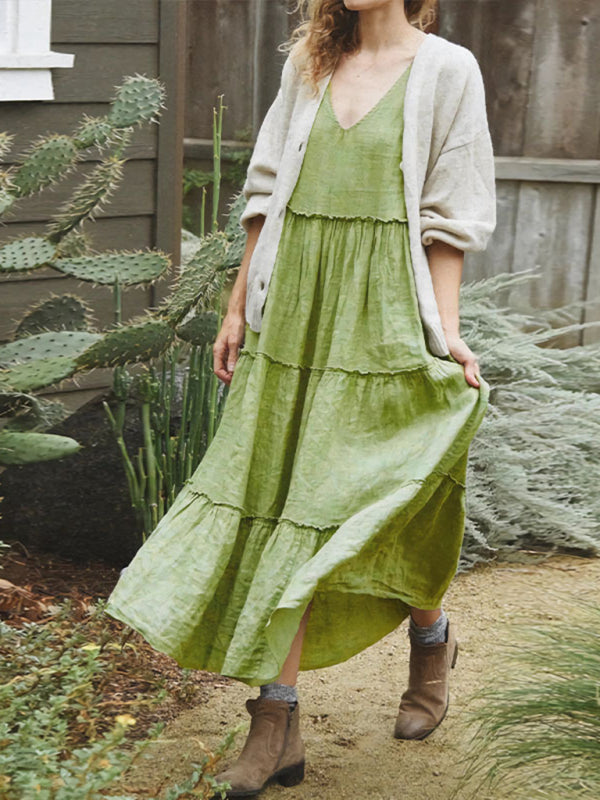 Summer Dresses- Women's Tiered Cami Maxi Dress in Oversized Cotton with Tie-Shoulder Straps- Green- Pekosa Women Fashion