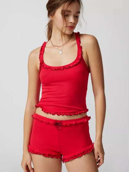 Summer Loungewear- Summer Loungewear Women's Solid Cami Top & Shorts with Frill Contrast- Red- Pekosa Women Fashion