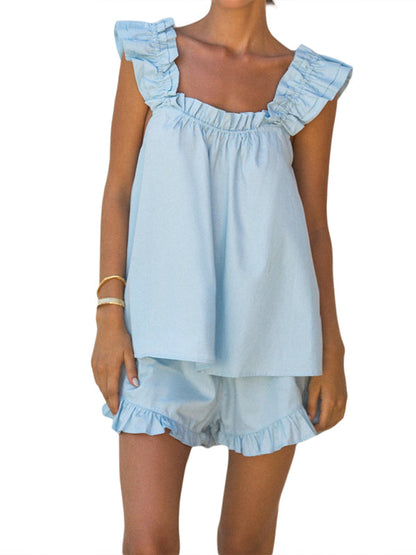 Summer Loungewear- Women's Sleeveless Blouse & Shorts Ruffle Outfit for Summer- Sky blue azure- Pekosa Women Fashion