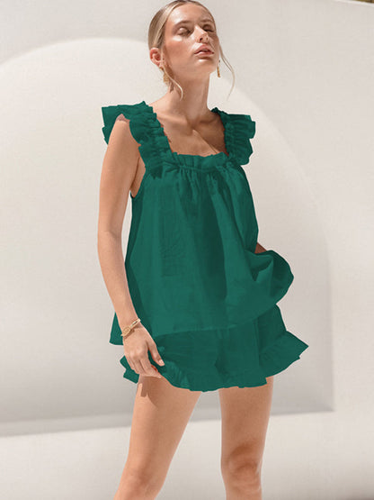 Summer Loungewear- Women's Sleeveless Blouse & Shorts Ruffle Outfit for Summer- Green- Pekosa Women Fashion