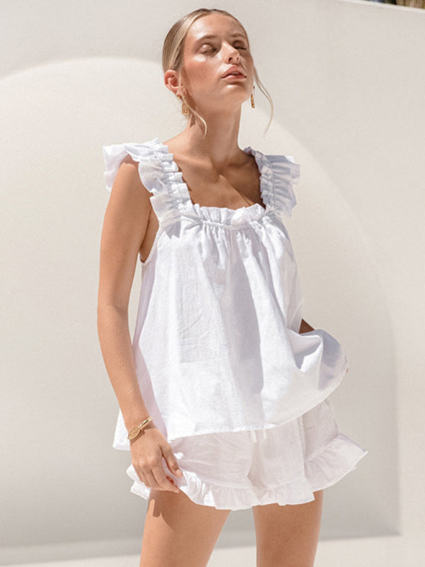 Summer Loungewear- Women's Sleeveless Blouse & Shorts Ruffle Outfit for Summer- White- Pekosa Women Fashion