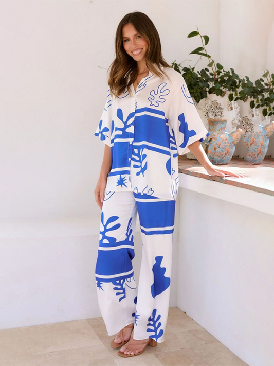 Summer Outfits- Beachside Women's Vacay Print 2 Piece Loose Outfit Shirt & Pants- Blue- Pekosa Women Fashion