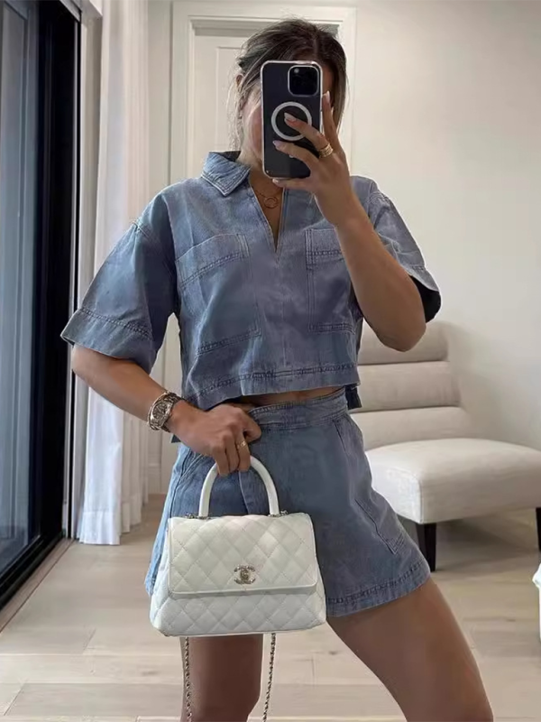 Summer Outfits- Denim Top Paired with Wrap Shorts Skirt for Women- - Pekosa Women Fashion