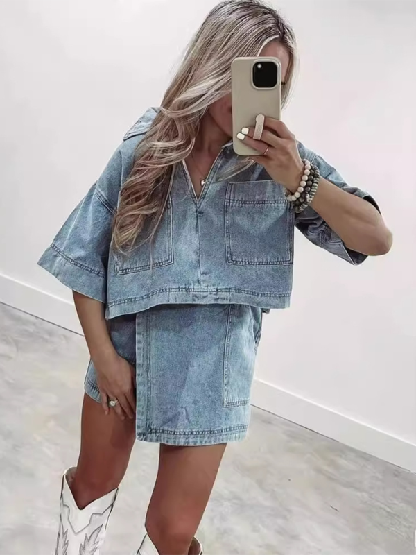 Summer Outfits- Denim Top Paired with Wrap Shorts Skirt for Women- - Pekosa Women Fashion