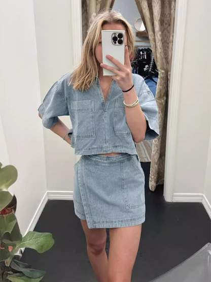 Summer Outfits- Denim Top Paired with Wrap Shorts Skirt for Women- - Pekosa Women Fashion