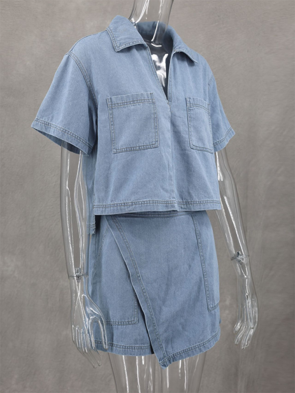 Summer Outfits- Denim Top Paired with Wrap Shorts Skirt for Women- - Pekosa Women Fashion