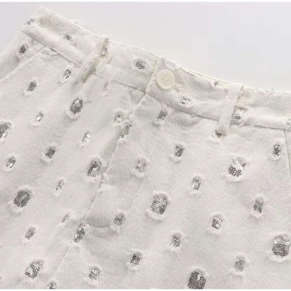 Summer Outfits- Distressed Sequin Mini Skirt & Vest Set for Festive Occasion- - Pekosa Women Fashion
