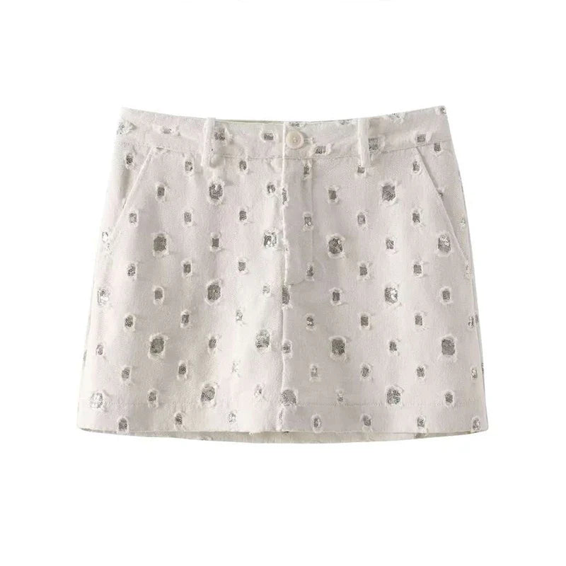 Summer Outfits- Distressed Sequin Mini Skirt & Vest Set for Festive Occasion- Skirt- Pekosa Women Fashion