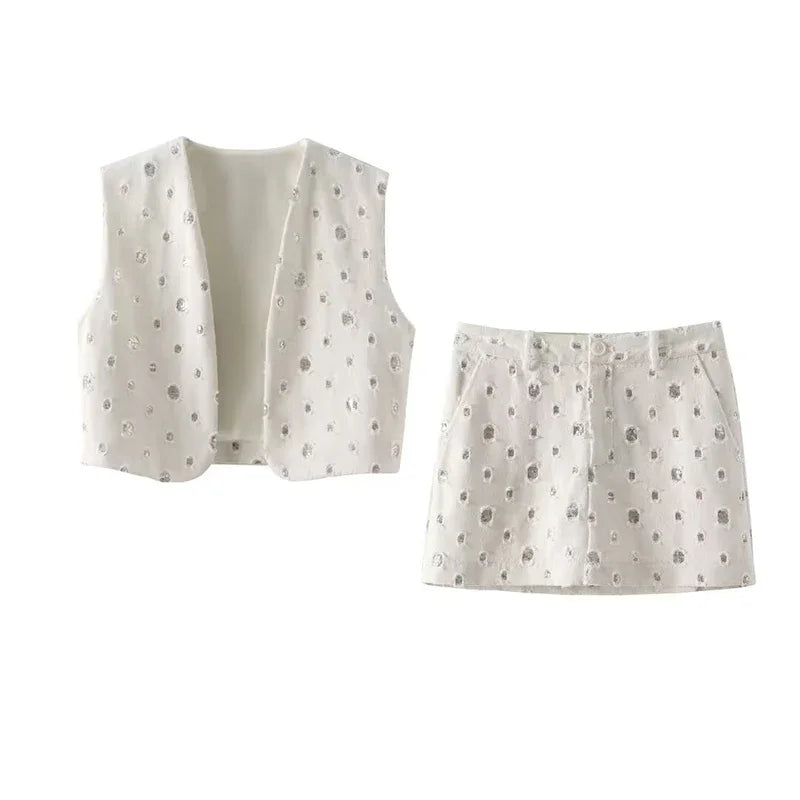Summer Outfits- Distressed Sequin Mini Skirt & Vest Set for Festive Occasion- - Pekosa Women Fashion