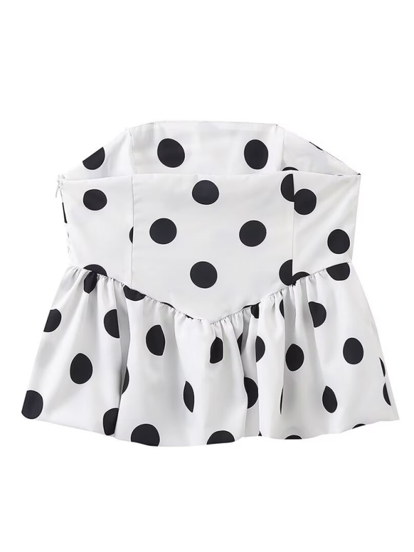 Summer Outfits- Festive Polka Dot Peplum Tube Top & Pleated Mini Skirt- - Pekosa Women Fashion