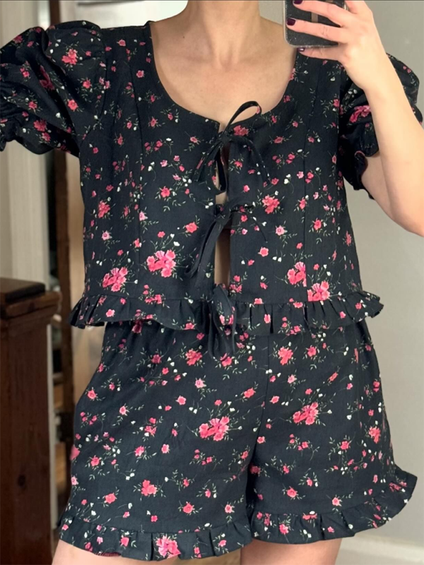 Summer Outfits- Women's Tie-Up Top and Shorts Lounge Set with Floral Print- Black- Pekosa Women Fashion