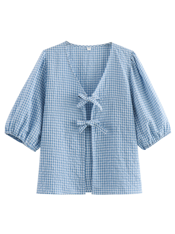 Summer Outfits- Women's Summer Lounge Wear with Gingham Lace-Up Top & Shorts- - Pekosa Women Fashion