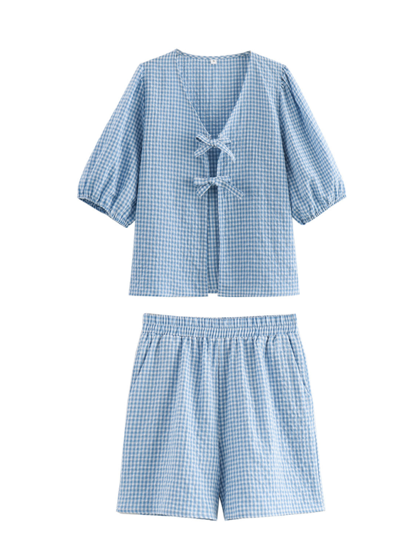 Summer Outfits- Women's Summer Lounge Wear with Gingham Lace-Up Top & Shorts- Blue- Pekosa Women Fashion