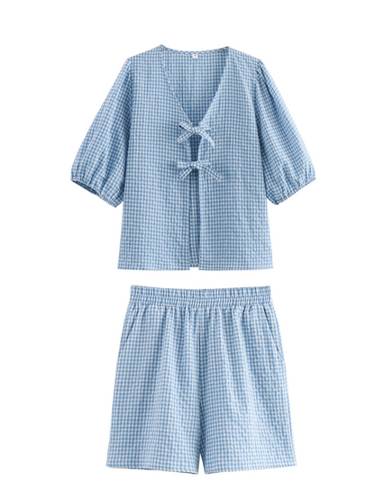 Summer Outfits- Women's Summer Lounge Wear with Gingham Lace-Up Top & Shorts- Blue- Pekosa Women Fashion