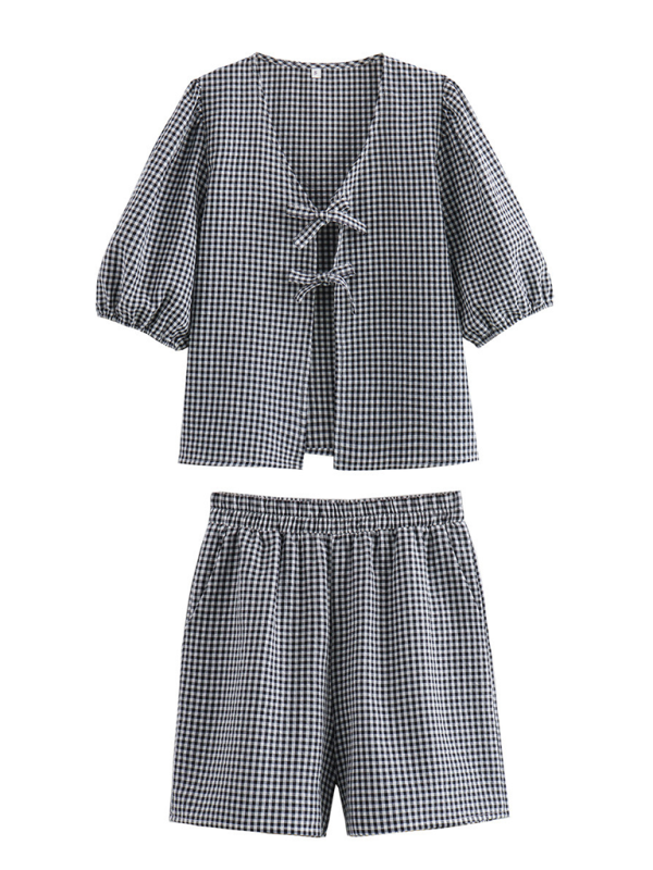 Summer Outfits- Women's Summer Lounge Wear with Gingham Lace-Up Top & Shorts- Black- Pekosa Women Fashion