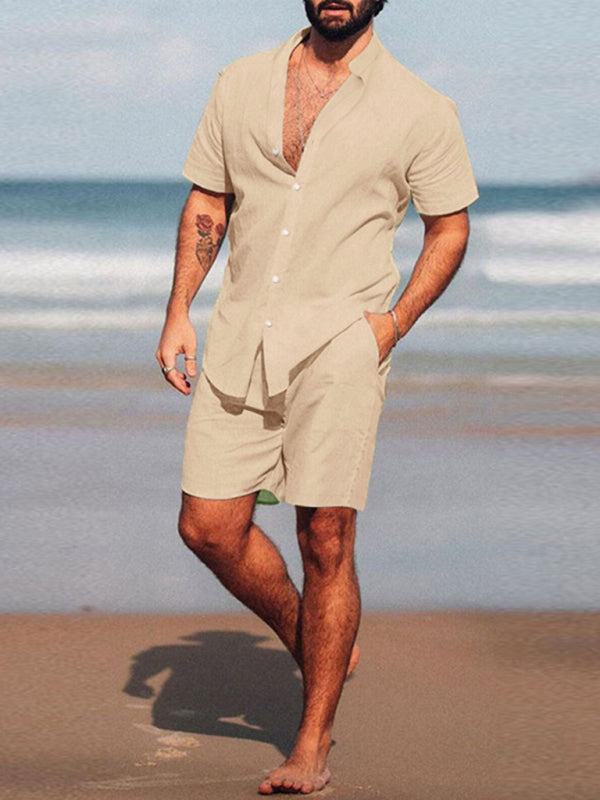 Summer Outfits- Men's Cotton Summer Outfit with Shirt & Shorts- Cracker khaki- Pekosa Women Fashion