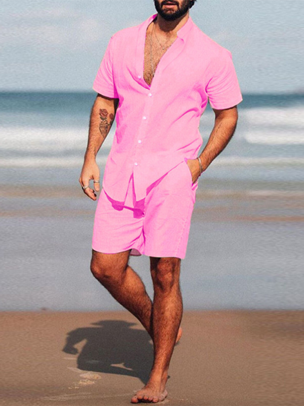 Summer Outfits- Men's Cotton Summer Outfit with Shirt & Shorts- Pink- Pekosa Women Fashion