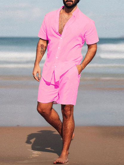 Summer Outfits- Men's Cotton Summer Outfit with Shirt & Shorts- Pink- Pekosa Women Fashion