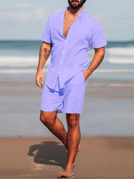 Summer Outfits- Men's Cotton Summer Outfit with Shirt & Shorts- Purple- Pekosa Women Fashion