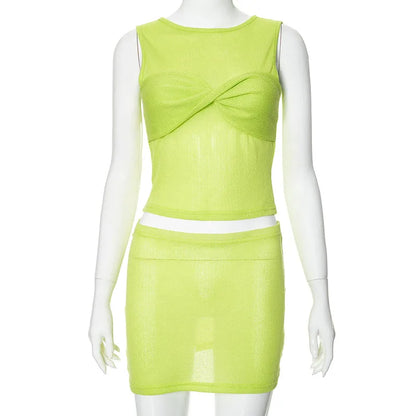 Mermaid Women's Textured See-Through Summer Set with Sleeveless Top & Mini Skirt