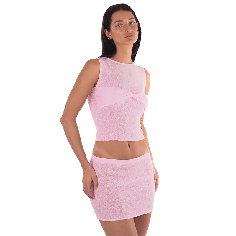 Ensemble d'été transparent texturé sirène pour femmes, avec haut sans manches et mini-jupe