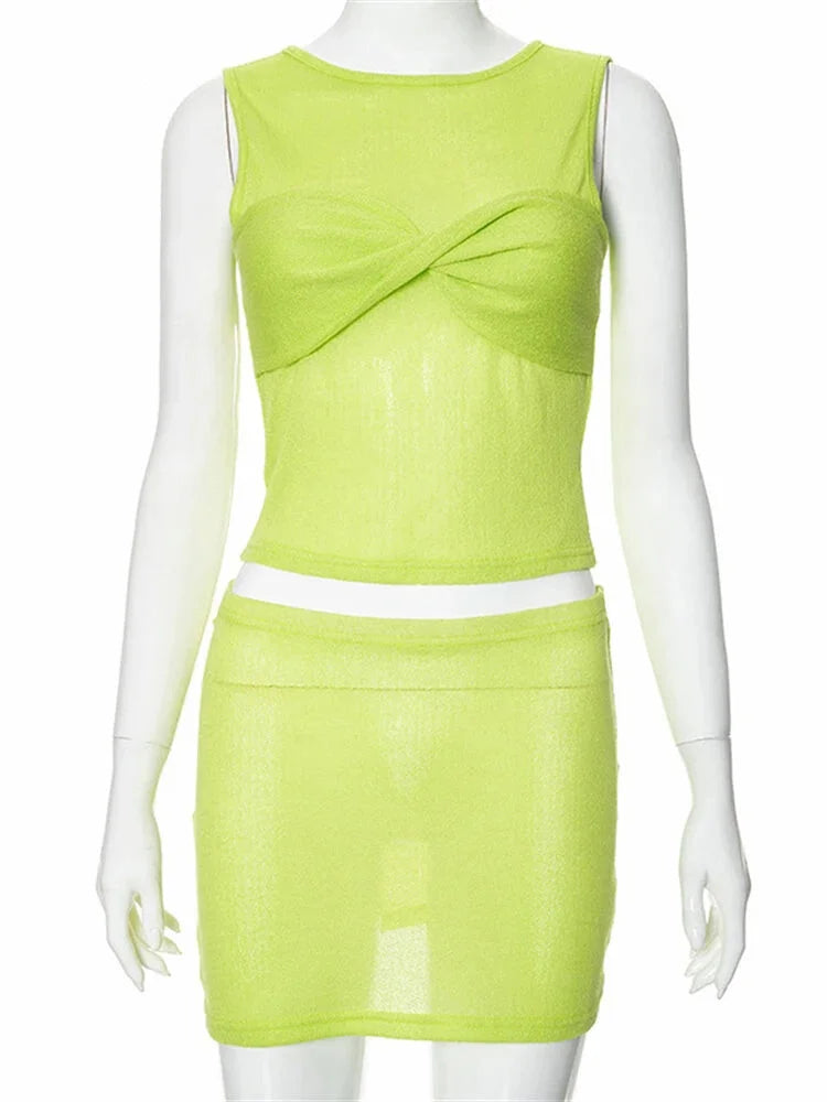 Mermaid Women's Textured See-Through Summer Set with Sleeveless Top & Mini Skirt