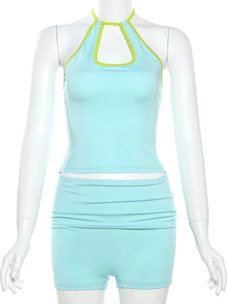 Vibrant Neon Halter and Shorts Set for the Active Woman