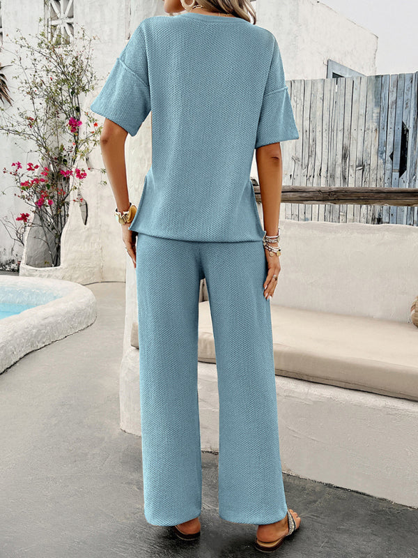 Summer Outfits- Relax Fit Textured Top & Pants Set Casual Outfit for Women- - Pekosa Women Fashion