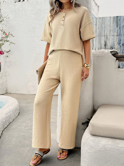 Summer Outfits- Relax Fit Textured Top & Pants Set Casual Outfit for Women- - Pekosa Women Fashion