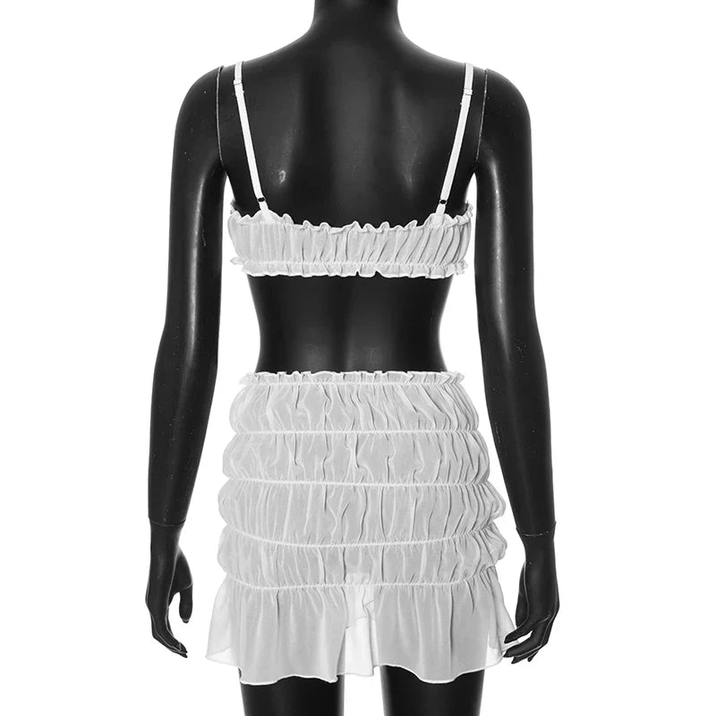 Summer Sheer Ruched Mini Skirt & Cami Combo