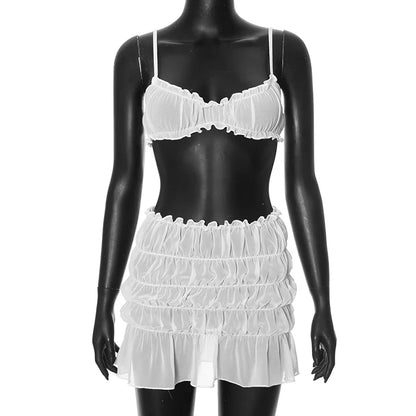 Summer Sheer Ruched Mini Skirt & Cami Combo