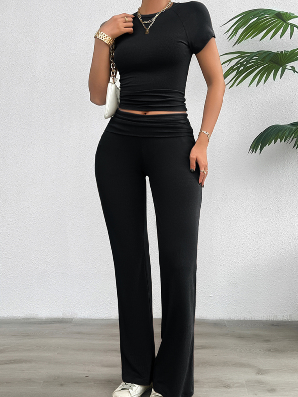 Summer Outfits- Sportswear Duo Tee & Wide Waistband Palazzo Pants- - Chuzko Women Clothing