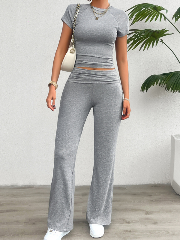 Summer Outfits- Sportswear Duo Tee & Wide Waistband Palazzo Pants- - Chuzko Women Clothing