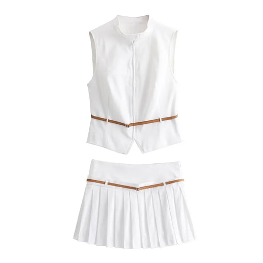 Summer Outfits- Summer Duo Belted Women's Sleeveless Zip-Up Top & Pleated Mini Skirt- - Chuzko Women Clothing