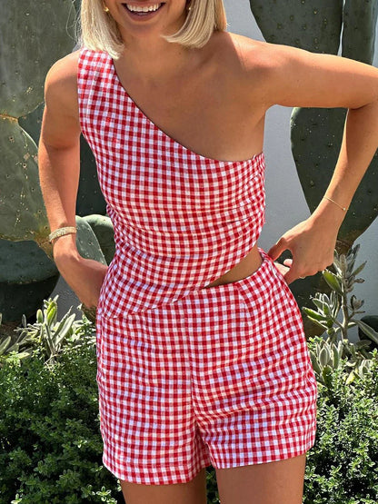 Summer Outfits- Gingham Summer Two-Piece Set with One-Shoulder Top & Shorts- - Pekosa Women Fashion