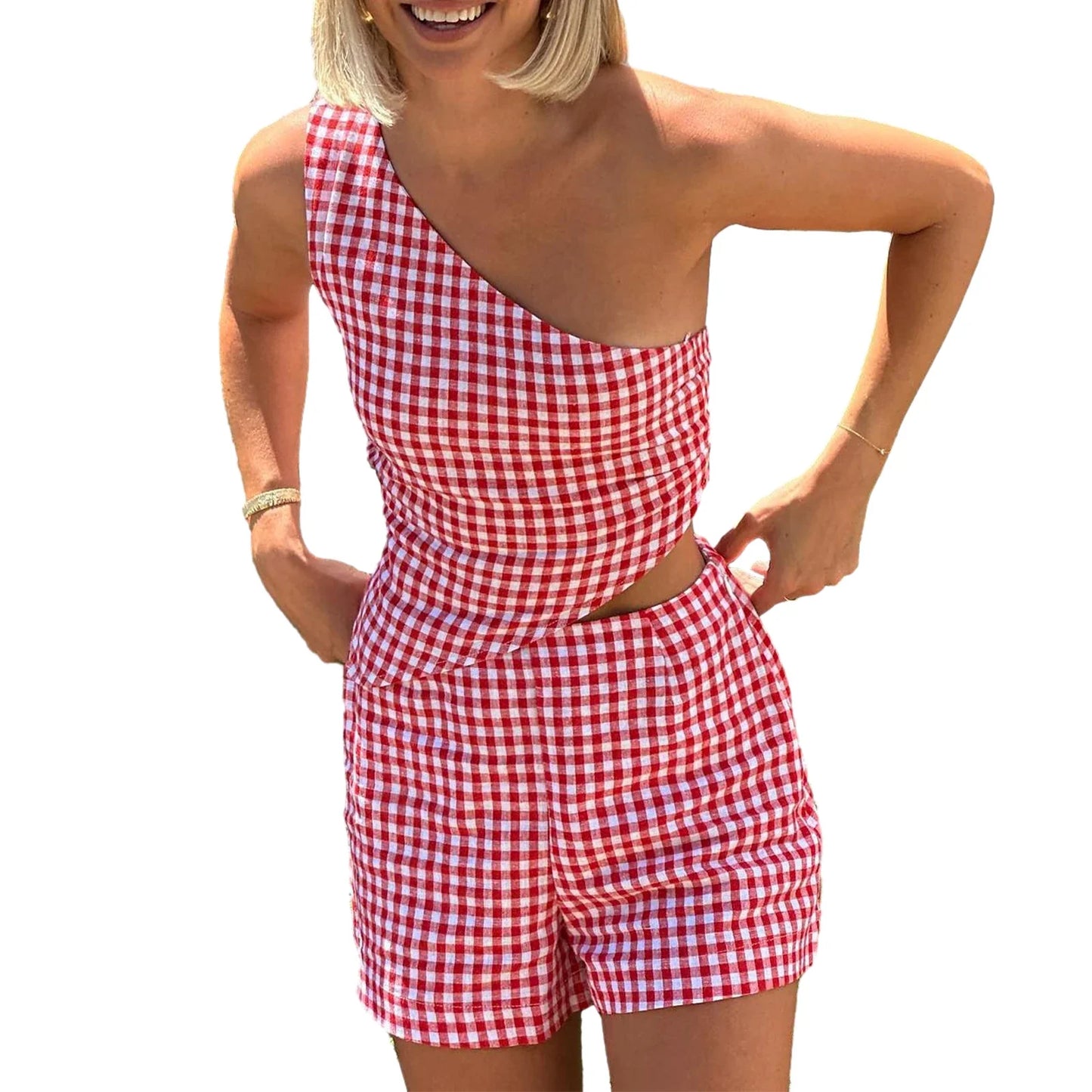 Summer Outfits- Gingham Summer Two-Piece Set with One-Shoulder Top & Shorts- Red- Pekosa Women Fashion