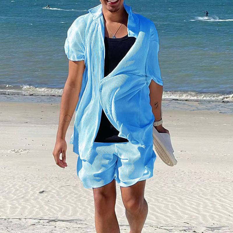 Summer Outfits- Textured Men's Shirt & Shorts Set for Summer Adventures- Sky blue azure- Pekosa Women Fashion