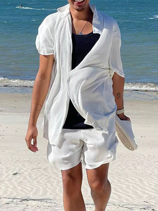 Summer Outfits- Textured Men's Shirt & Shorts Set for Summer Adventures- White- Pekosa Women Fashion