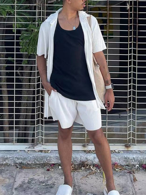 Summer Outfits- Textured Men's Shirt & Shorts Set for Summer Adventures- - Pekosa Women Fashion