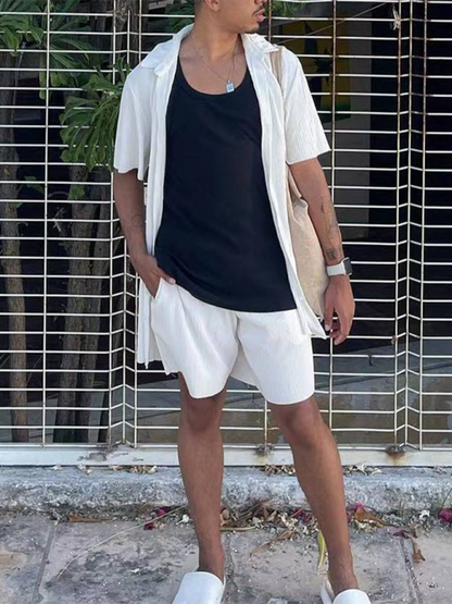 Summer Outfits- Textured Men's Shirt & Shorts Set for Summer Adventures- - Pekosa Women Fashion