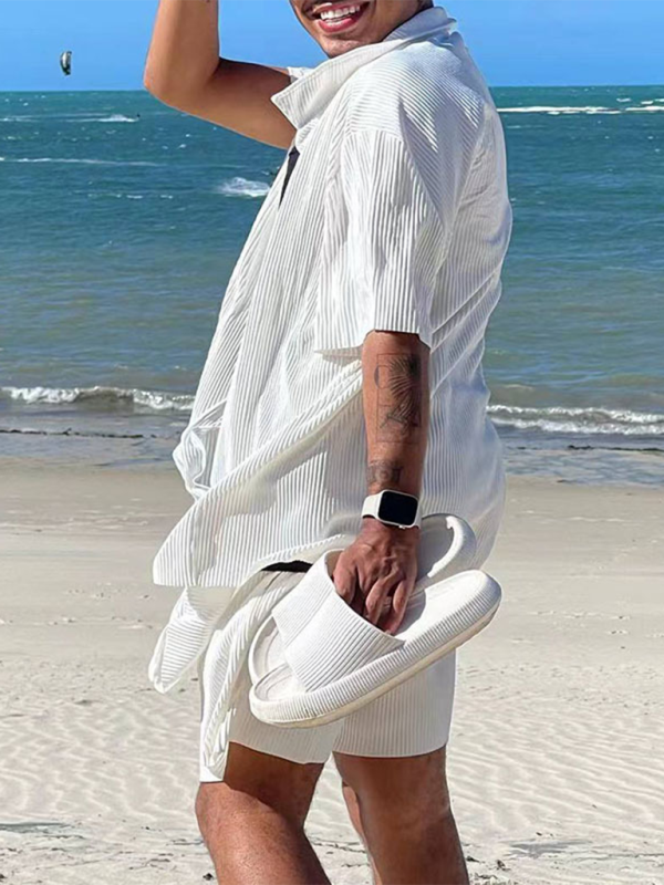 Summer Outfits- Textured Men's Shirt & Shorts Set for Summer Adventures- - Pekosa Women Fashion