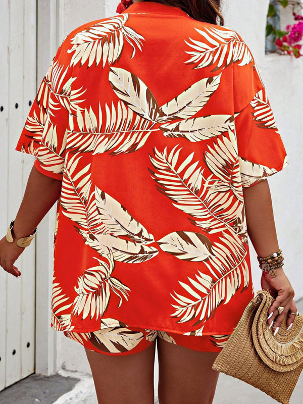 Summer Outfits- Tropical Women's Hawaiian Vacation Set with Open Shirt & Shorts- - Chuzko Women Clothing