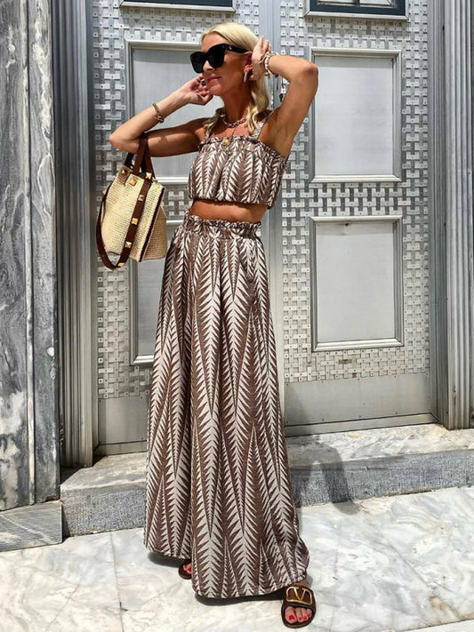 Summer Outfits- Vacation Summer Cami Top & Wide Leg Pants in Brown Print- Olive yellow- Pekosa Women Fashion