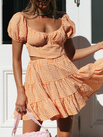 Summer Outfits- Vacay Gingham 2-Piece Outfit - Crop Blouse & Tiered Ruffle Skirt- - Pekosa Women Fashion