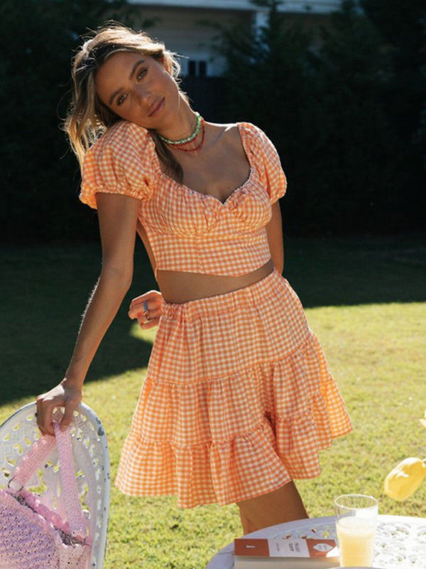 Summer Outfits- Vacay Gingham 2-Piece Outfit - Crop Blouse & Tiered Ruffle Skirt- - Pekosa Women Fashion