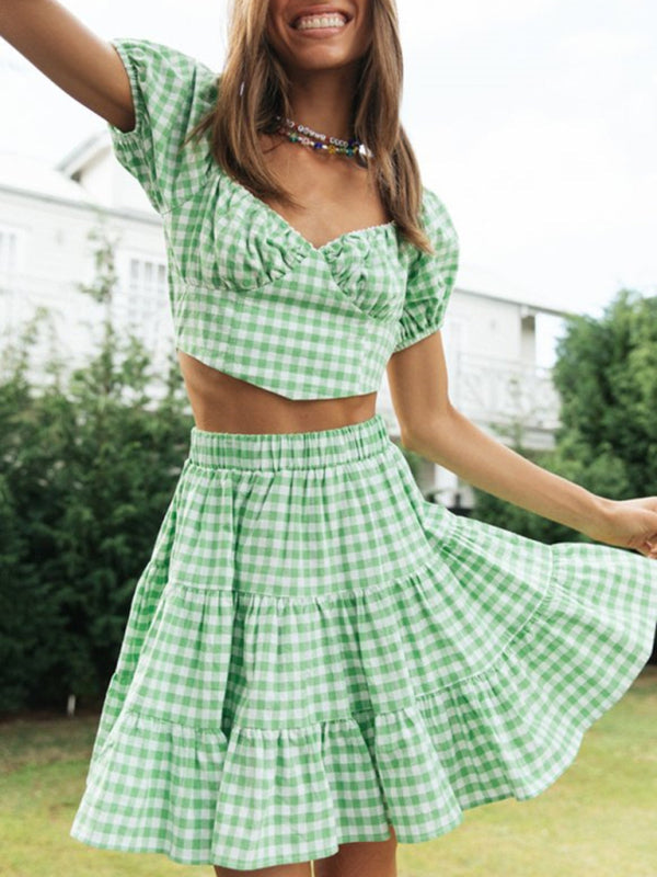 Summer Outfits- Vacay Gingham 2-Piece Outfit - Crop Blouse & Tiered Ruffle Skirt- - Pekosa Women Fashion