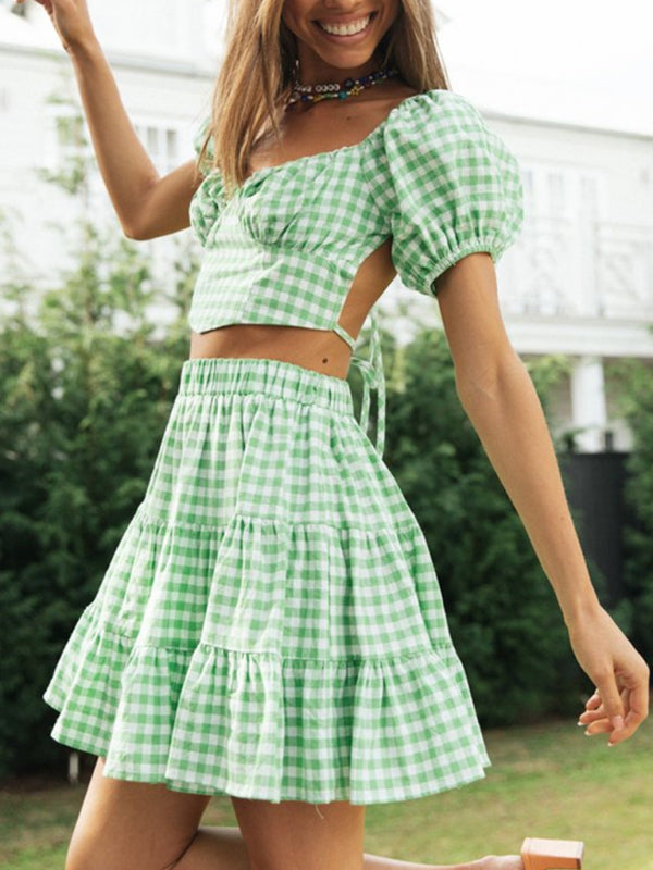 Summer Outfits- Vacay Gingham 2-Piece Outfit - Crop Blouse & Tiered Ruffle Skirt- - Pekosa Women Fashion