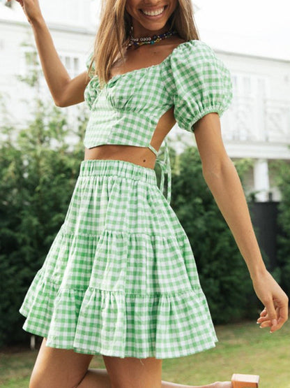 Summer Outfits- Vacay Gingham 2-Piece Outfit - Crop Blouse & Tiered Ruffle Skirt- - Pekosa Women Fashion